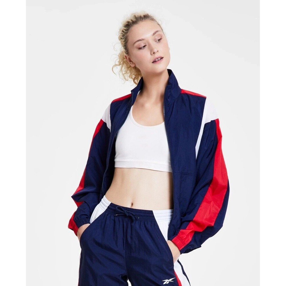 Reebok Women's Vector Color-blocked Lightweight Track Jacket Navy Red White XS